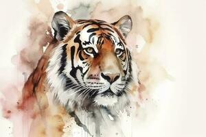 verf een realistisch portret van een tijger in de oerwoud waterverf schilderen, mooi natuurlijk vormen, knapperig schoon vormen, kleurrijk, wit achtergrond, genereren ai foto