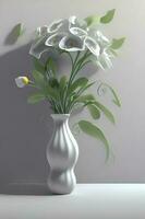 wit bloemen in vaas Aan wit tafel. 3d weergave. foto