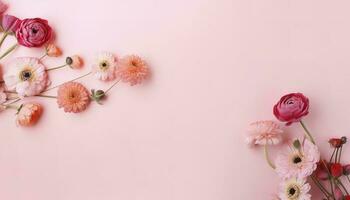 top visie beeld van roze bloemen samenstelling over- pastel achtergrond , genereren ai foto