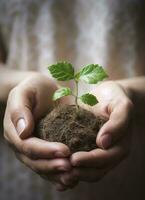 een kind Holding een fabriek in hun handen met een groen achtergrond en zonlicht schijnend door de bladeren Aan de plant, genereren ai foto