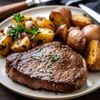 dichtbij omhoog van steak en aardappelen Aan een bord ai gegenereerd foto