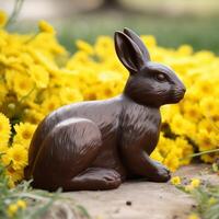 chocola konijn konijn in geel voorjaar bloemen ai gegenereerd foto