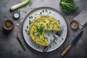 traditioneel Italiaans groente frittata met courgette, voorjaar ui en kaas geserveerd net zo een top visie Aan een nordic ontwerp bord met kopiëren ruimte, genereren ai foto