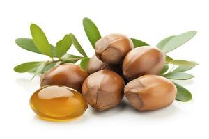 argan zaden geïsoleerd Aan een wit banier achtergrond. argan olie noten met fabriek. schoonheidsmiddelen en natuurlijk oliën achtergrond, genereren ai foto