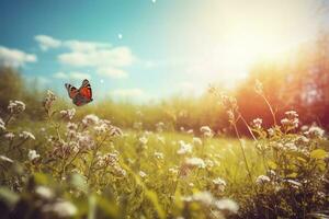 een vlinder zittend Aan bloem en blad, genereren ai foto