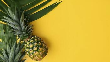 top visie van vers ananas met tropisch bladeren Aan geel achtergrond , genereren ai foto