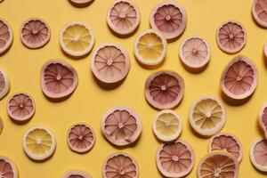 uniform patroon van droog citroen plakjes met schaduw Aan een roze achtergrond. vlak leggen, genereren ai foto