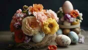 Pasen ei decoratie met bloem boeket, genereren ai foto