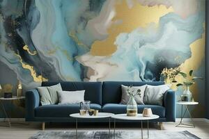 3d abstract marmeren behang voor muur decor. hars geode en abstract kunst, functioneel kunst, Leuk vinden waterverf geode schilderen. gouden, blauw, turkoois, en grijs achtergrond, genereren ai foto