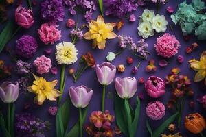 veelkleurig voorjaar bloemen Aan Purper achtergrond , genereren ai foto