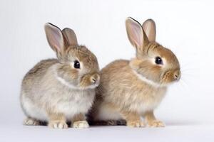 voorkant visie van schattig baby konijnen Aan wit achtergrond, weinig schattig konijnen zittend met lief actie Aan wit, generatief ai foto