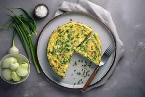 traditioneel Italiaans groente frittata met courgette, voorjaar ui en kaas geserveerd net zo een top visie Aan een nordic ontwerp bord met kopiëren ruimte, genereren ai foto