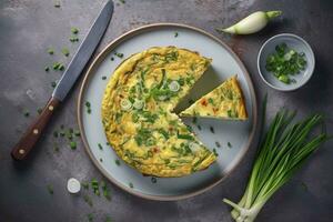 traditioneel Italiaans groente frittata met courgette, voorjaar ui en kaas geserveerd net zo een top visie Aan een nordic ontwerp bord met kopiëren ruimte, genereren ai foto