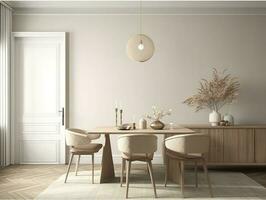 knus dining kamer interieur in beige, 3d veroorzaken, genereren ai foto