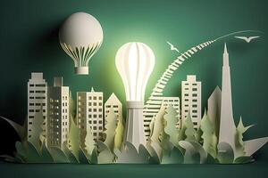 papier besnoeiing van licht lamp met groen eco stad , hernieuwbaar energie door 2050 koolstof neutrale energie of kas gas- emissie co2 , opslaan energie creatief idee concept , generatief ai foto