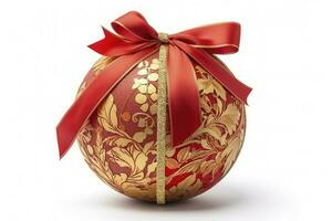 kunst rood Kerstmis bal met een mooi boog en een gouden patroon. Kerstmis ontwerp element geïsoleerd Aan wit achtergrond , genereren ai foto