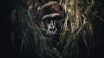 reusachtig gorilla schuilplaats in de onkruid illustratie ai generatief foto