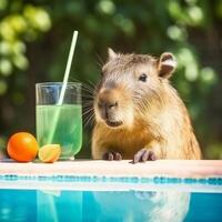 schattig capibara met zomer cocktail. illustratie ai generatief foto