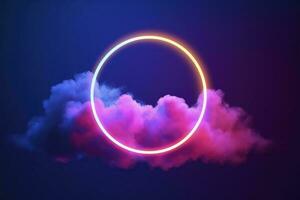 3d veroorzaken, abstract wolk verlichte met neon licht ring Aan donker nacht lucht. gloeiend meetkundig vorm geven aan, ronde kader, genereren ai foto