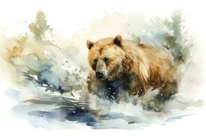 een beer visvangst in een rivier- waterverf schilderen, mooi natuurlijk vormen, knapperig schoon vormen, kleurrijk, wit achtergrond, genereren ai foto