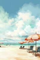mooi strand spandoek. wit zand, stoelen, en paraplu reizen toerisme breed panorama achtergrond concept. verbazingwekkend strand waterverf landschap waterverf schilderen, genereren ai foto