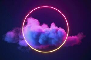 3d veroorzaken, abstract wolk verlichte met neon licht ring Aan donker nacht lucht. gloeiend meetkundig vorm geven aan, ronde kader, genereren ai foto