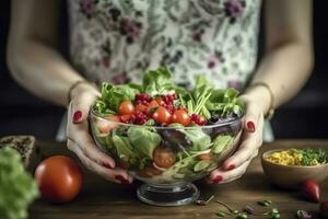 een visie van een jong vrouw handen Holding een glas kom vol van een gezond gemengd salade, genereren ai foto