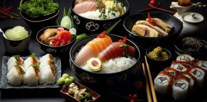 traditioneel Japans voedsel gerechten Aan zwart achtergrond, genereren ai foto