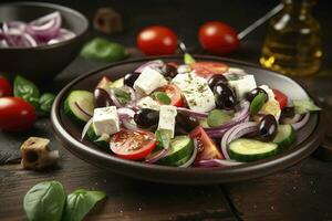 Grieks salade met vers groenten, feta kaas, kalamata olijven, droog oregano, rood wijn azijn en olijf- olie. gezond voedsel, genereren ai foto