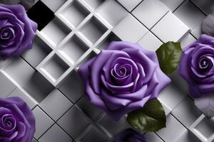 3d muurschildering modern behang. Purper roos bloemen met pleinen en decoratief achtergrond . modern kunst voor muur huis decor, genereren ai foto