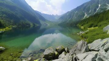 reflectie van berg reeks in meer, groots teton nationaal park, genereren ai foto