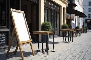 blanco restaurant winkel teken of menu borden in de buurt de Ingang naar restaurant. cafe menu Aan de straat. schoolbord teken in voorkant van een restaurant. uithangbord, vrijstaand een kader schoolbord. ai gegenereerd. foto