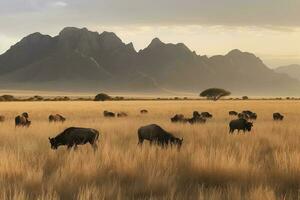 kaap buffels begrazing in de vroeg ochtend- gouden zon. , genereren ai foto