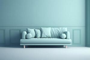 zacht blauw sofa Aan een blauw achtergrond, 3d illustratie, modern minimalistisch leven kamer interieur detail. gezelligheid, sociaal media en uitverkoop concept, creatief advertentie idee, ai gegenereerd afbeelding. foto