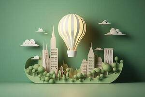 papier besnoeiing van licht lamp met groen eco stad , hernieuwbaar energie door 2050 koolstof neutrale energie of kas gas- emissie co2 , opslaan energie creatief idee concept , generatief ai foto