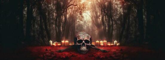 dag van de dood schedels. dia de los muertos. dag van de dood en Mexicaans halloween achtergrond. Mexicaans traditie festival. dag van de dood suiker schedel. dia de los muertos, genereren ai foto