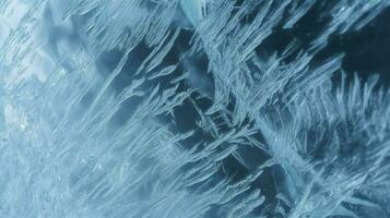 ijs oppervlakte structuur macro schot Aan een blauw behang, bevroren ijs structuur achtergrond behang afgezwakt, genereren ai foto