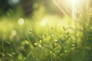 natuurlijk groen onscherp voorjaar zomer wazig achtergrond met zonneschijn. sappig jong gras en gebladerte Aan natuur in stralen van zonlicht, toneel- inlijsten, kopiëren ruimte foto