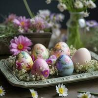 roze bloem regeling, Pasen decoratie, frohe ostern middelen gelukkig Pasen , genereren ai foto