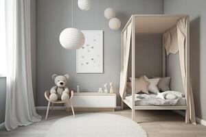 modern minimalistische kinderkamer kamer in Scandinavisch stijl. baby kamer interieur in licht kleuren, ai gegenereerd beeld foto