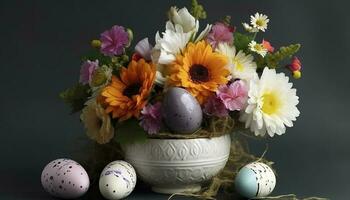 Pasen ei decoratie met bloem boeket, genereren ai foto