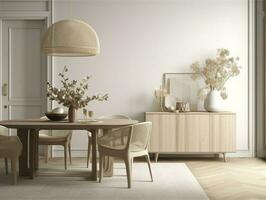 knus dining kamer interieur in beige, 3d veroorzaken, genereren ai foto