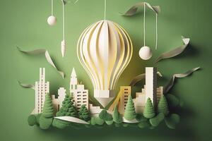 papier besnoeiing van licht lamp met groen eco stad , hernieuwbaar energie door 2050 koolstof neutrale energie of kas gas- emissie co2 , opslaan energie creatief idee concept , generatief ai foto