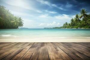 leeg houten tafel Aan een mooi blured tropisch strand achtergrond. zomer vakantie achtergrond voor Product Scherm, genereren ai foto