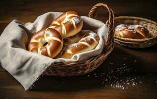 zoute krakeling stokjes en zoute krakeling broodjes, Beiers loog bun met zout in een mand, genereren ai foto