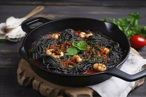 traditioneel Italiaans spaghetti al Nero di seppia met inktvis inkt in tomaat saus geserveerd net zo detailopname in een gietijzer pan Aan een houten bord, genereren ai foto