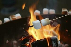 brandend brand in een compact grill, hout logboeken overspoeld in rood vlammen, detailopname van bakken marshmallows Aan vuur, rook stijgt, concept van pret partij, Koken lekkernij buitenshuis, genereren ai foto