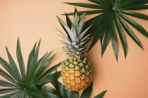 top visie van vers ananas met tropisch bladeren Aan pastel oranje achtergrond. , genereren ai foto