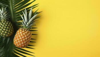 top visie van vers ananas met tropisch bladeren Aan geel achtergrond , genereren ai foto