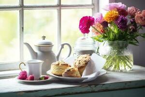 een moeder dag arrangement met thee en scones in voorkant van een helder venster, genereren ai foto